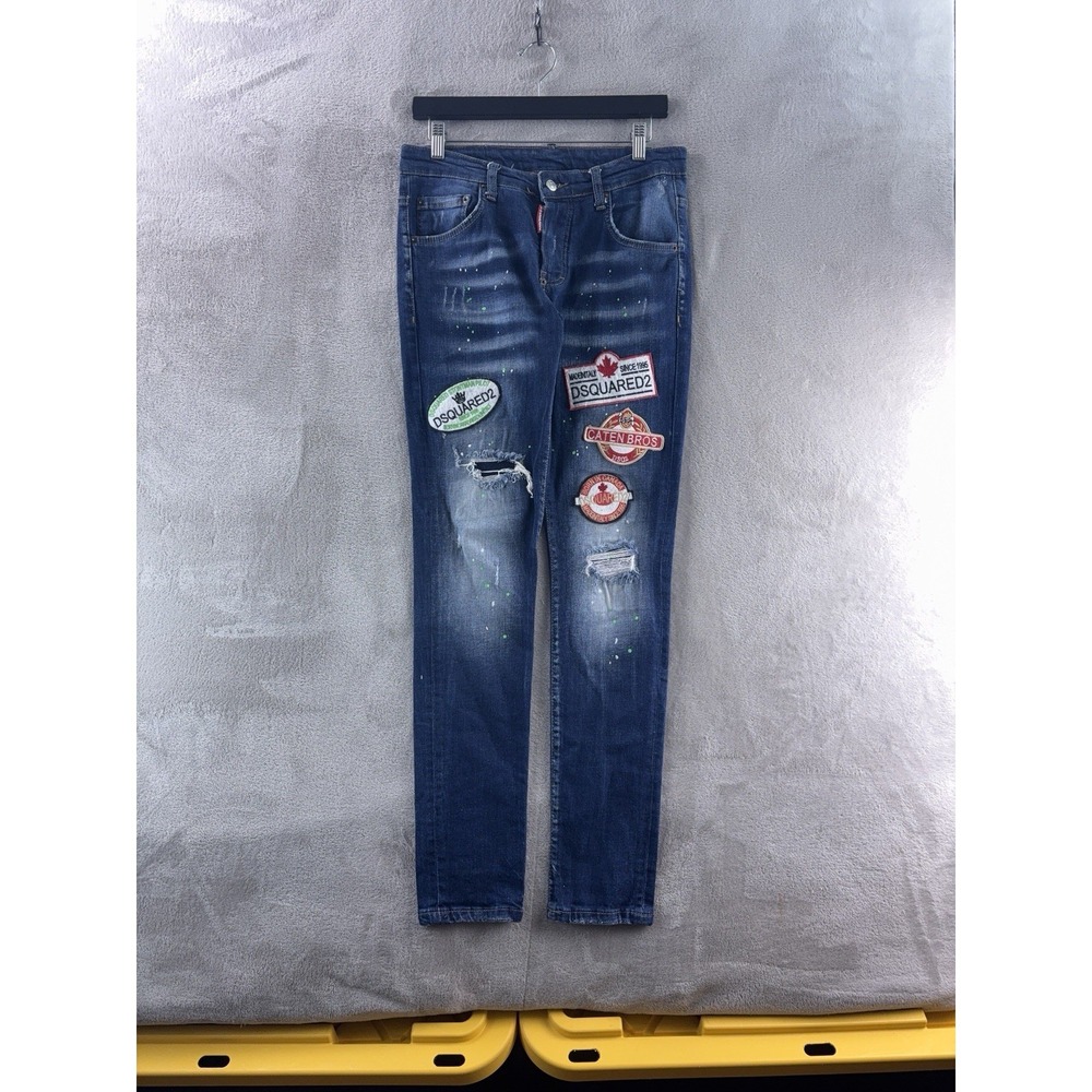 Dsquared2 Jeans Mens Size 42 Blue Distressed Patch Logo Paint Splatter Slim‎ Y2K